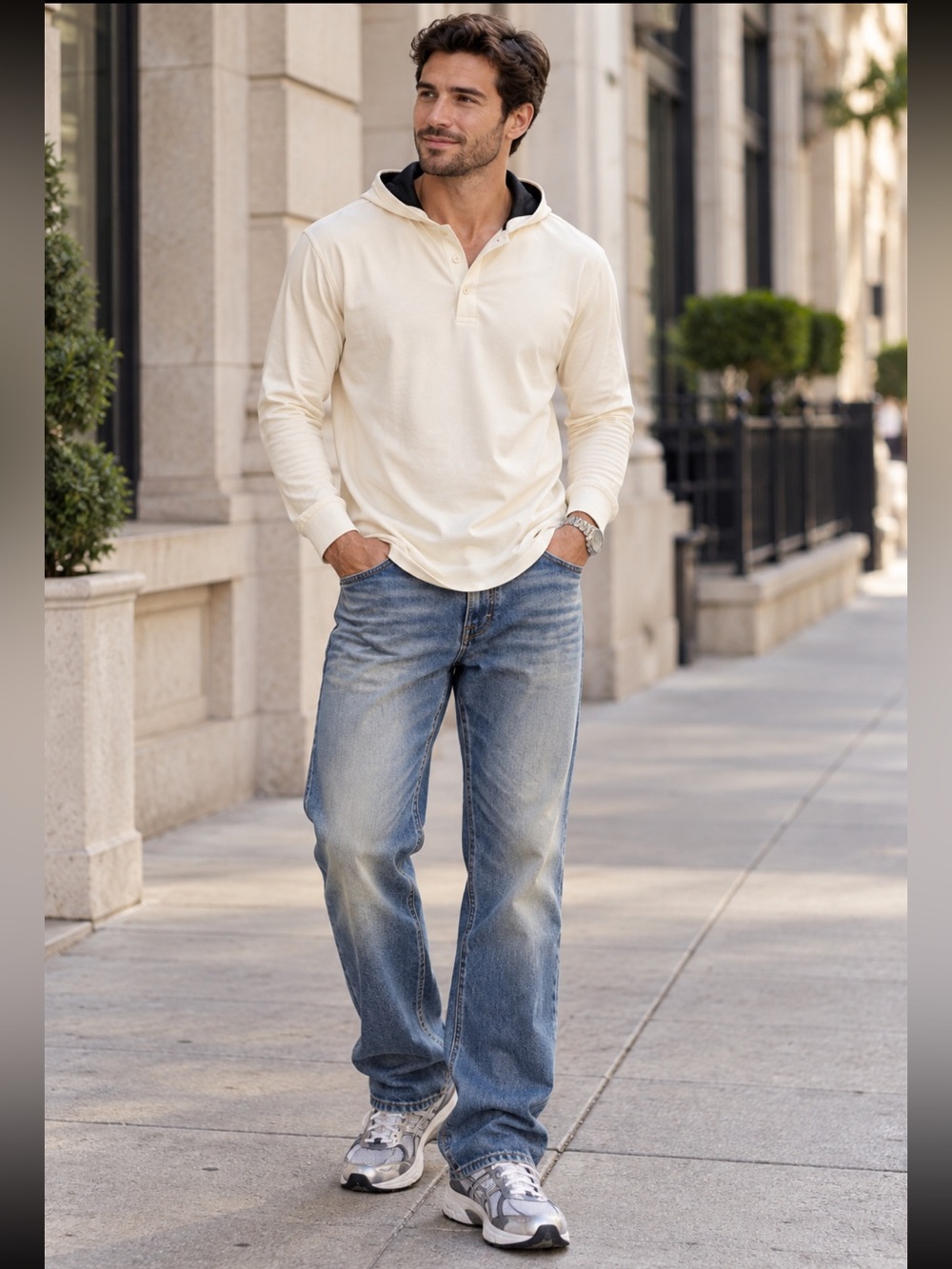 Hooded Henley BYLT Premium Basics Cream Stretch Long Sleeve Shirt Men’s M